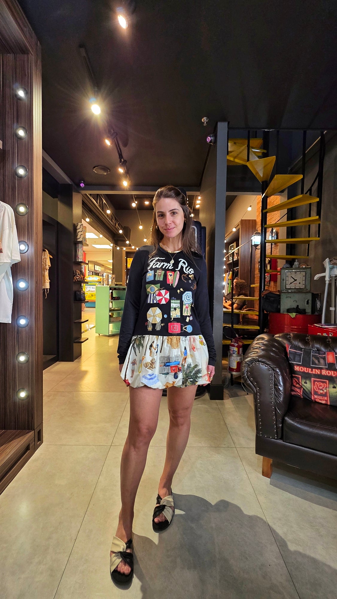 Vestido Farm Curto Franzido Praia Carioca Estampado