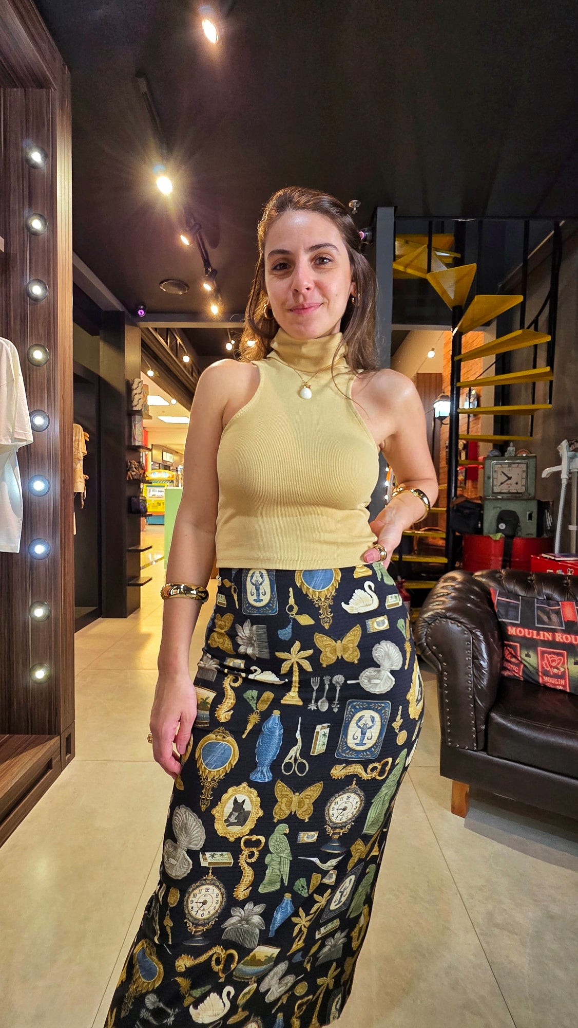 Saia Farm Midi Reta Bibelô Estampado